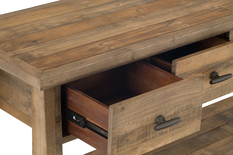 Wooden console table with open drawer on a white background